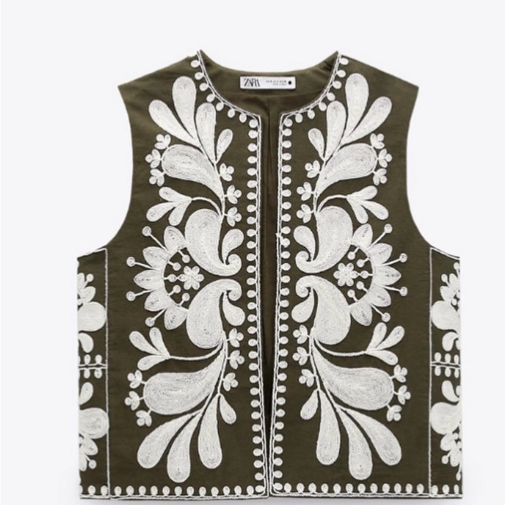 Zara Olive Green Vest with White Floral Embroidery
